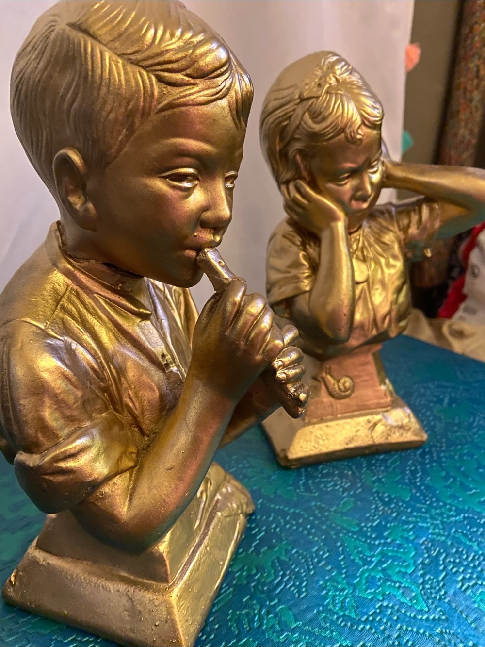 Vintage ESCO Prod Inc E. Villanis Boy & Girl Plaster Bust Statues – Gold tone